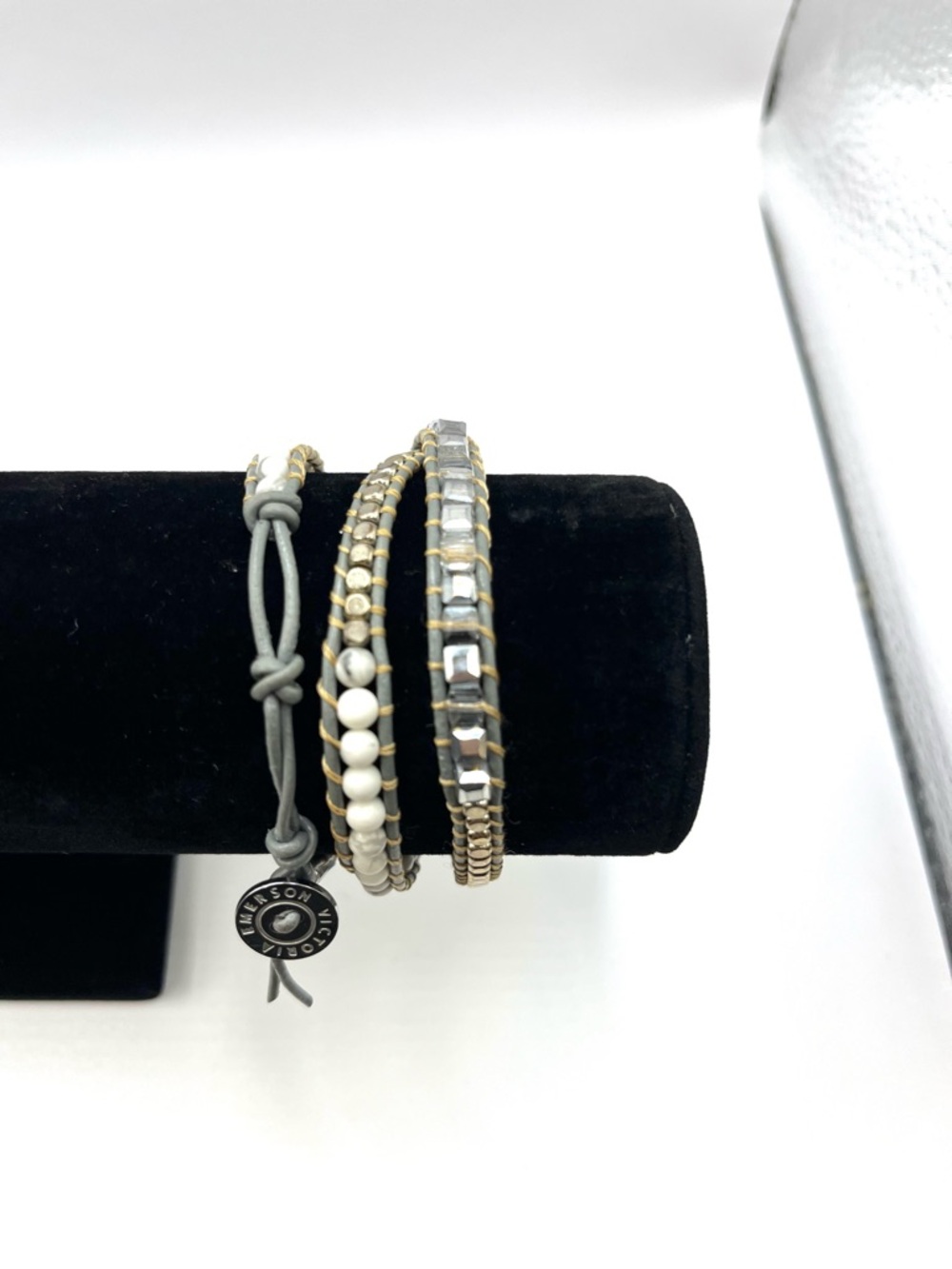 Victoria Emerson White and Gold Multi-Strand Wrap Bracelet Gray Leather